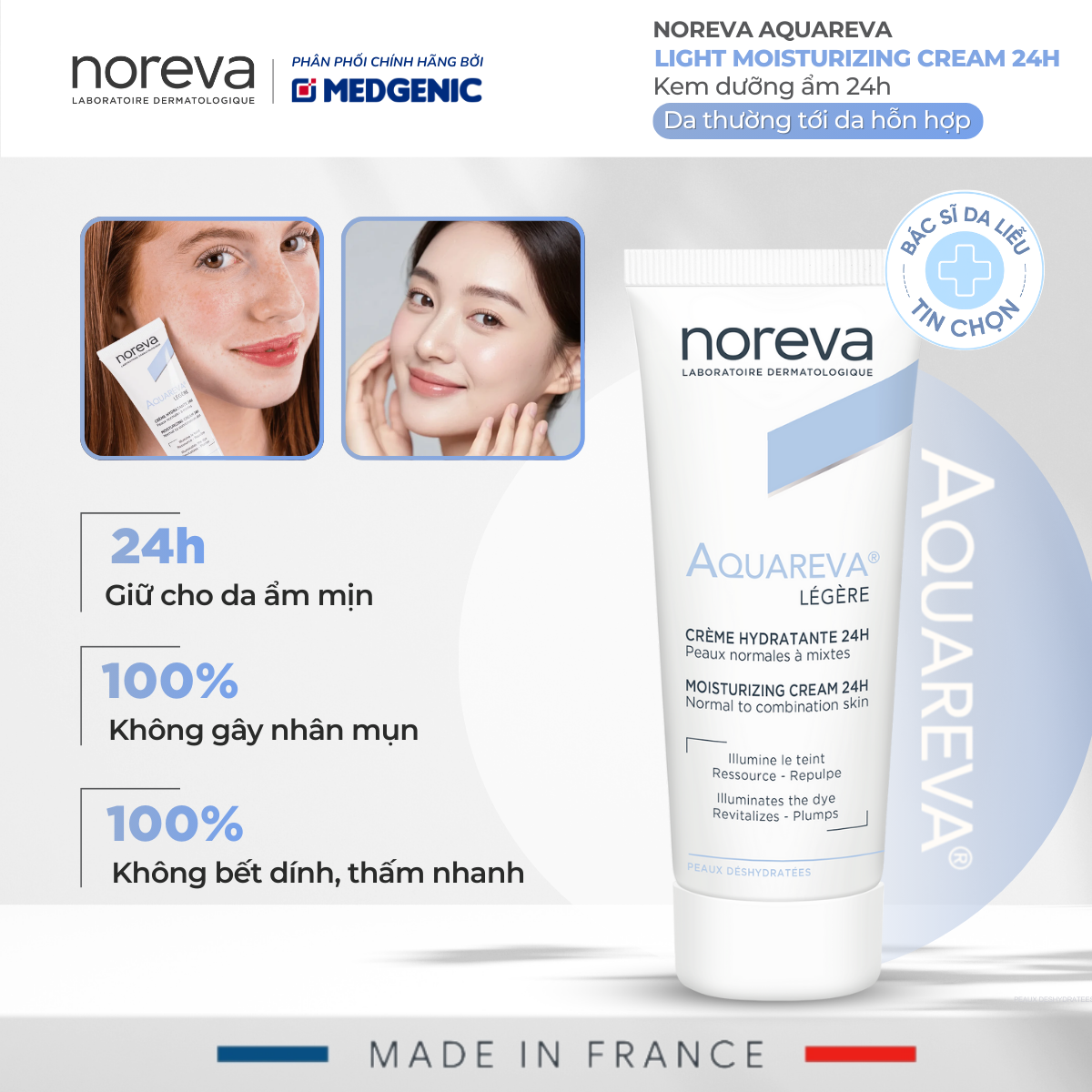 Kem Dưỡng Ẩm Noreva Aquareva Moisturizing Serum 24h (40ml) – Cấp Nước, Khóa Ẩm, Da Mềm Mịn