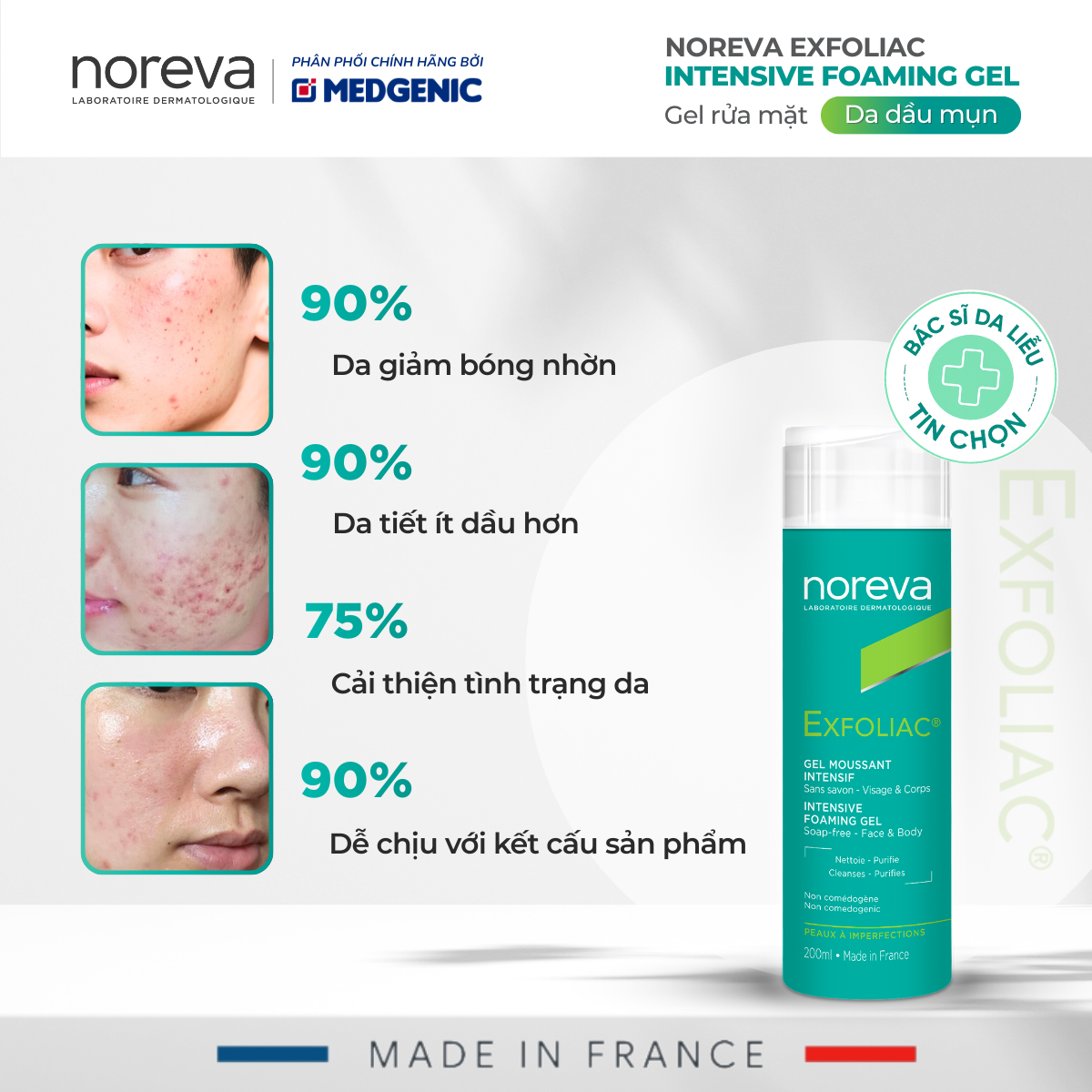 Sữa Rửa Mặt Chuyên Biệt Cho Da Dầu Mụn – Noreva Exfoliac Intensive Foaming Gel 200ml