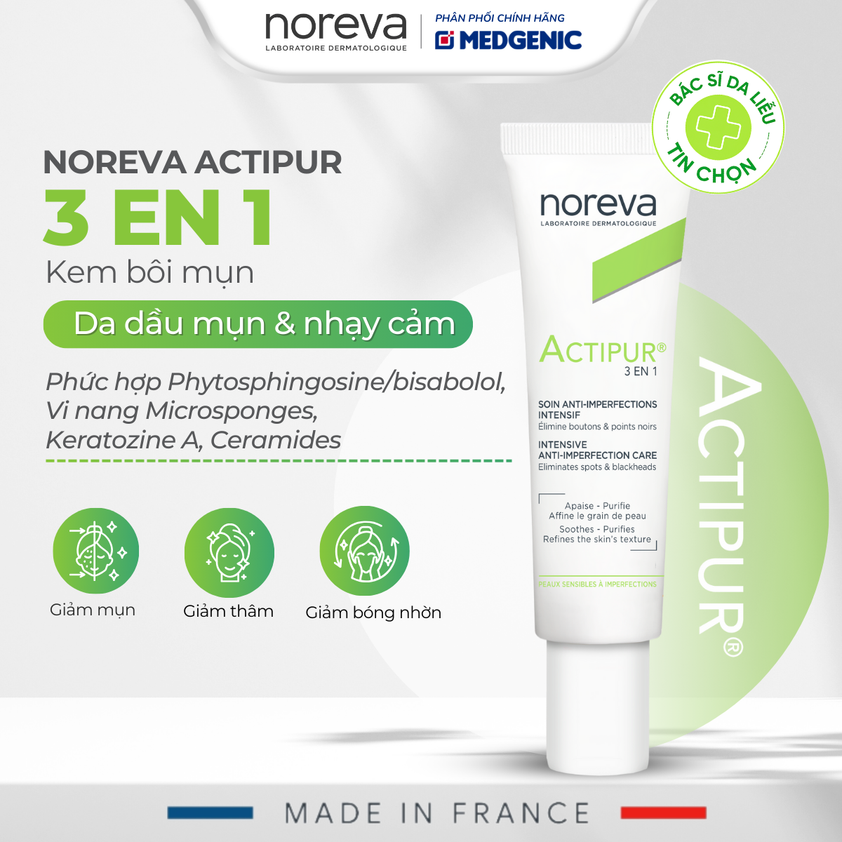 Kem Dưỡng Giảm Mụn & Kiểm Soát Dầu - Noreva Actipur 3 En 1 30ml