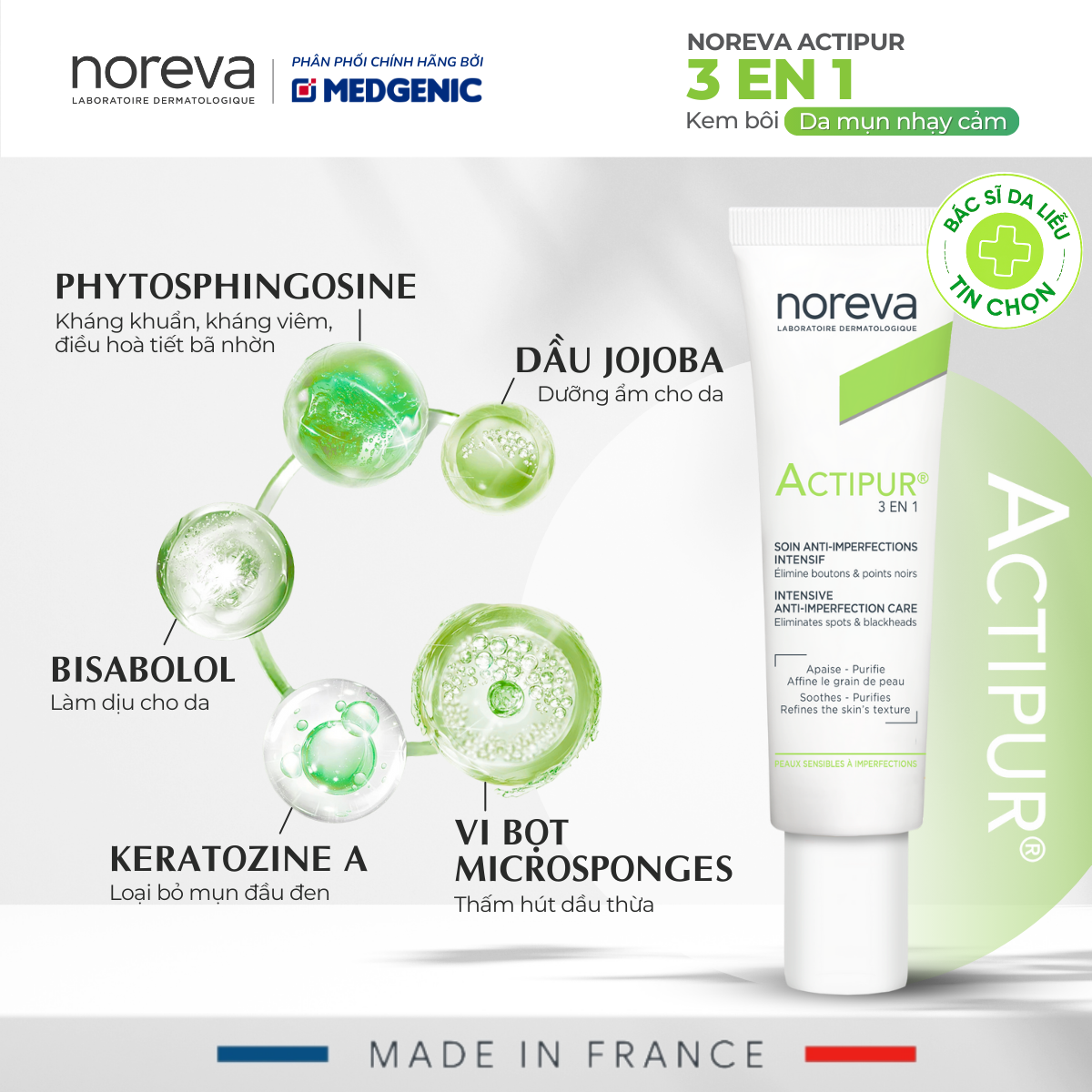 Kem Dưỡng Giảm Mụn & Kiểm Soát Dầu - Noreva Actipur 3 En 1 30ml