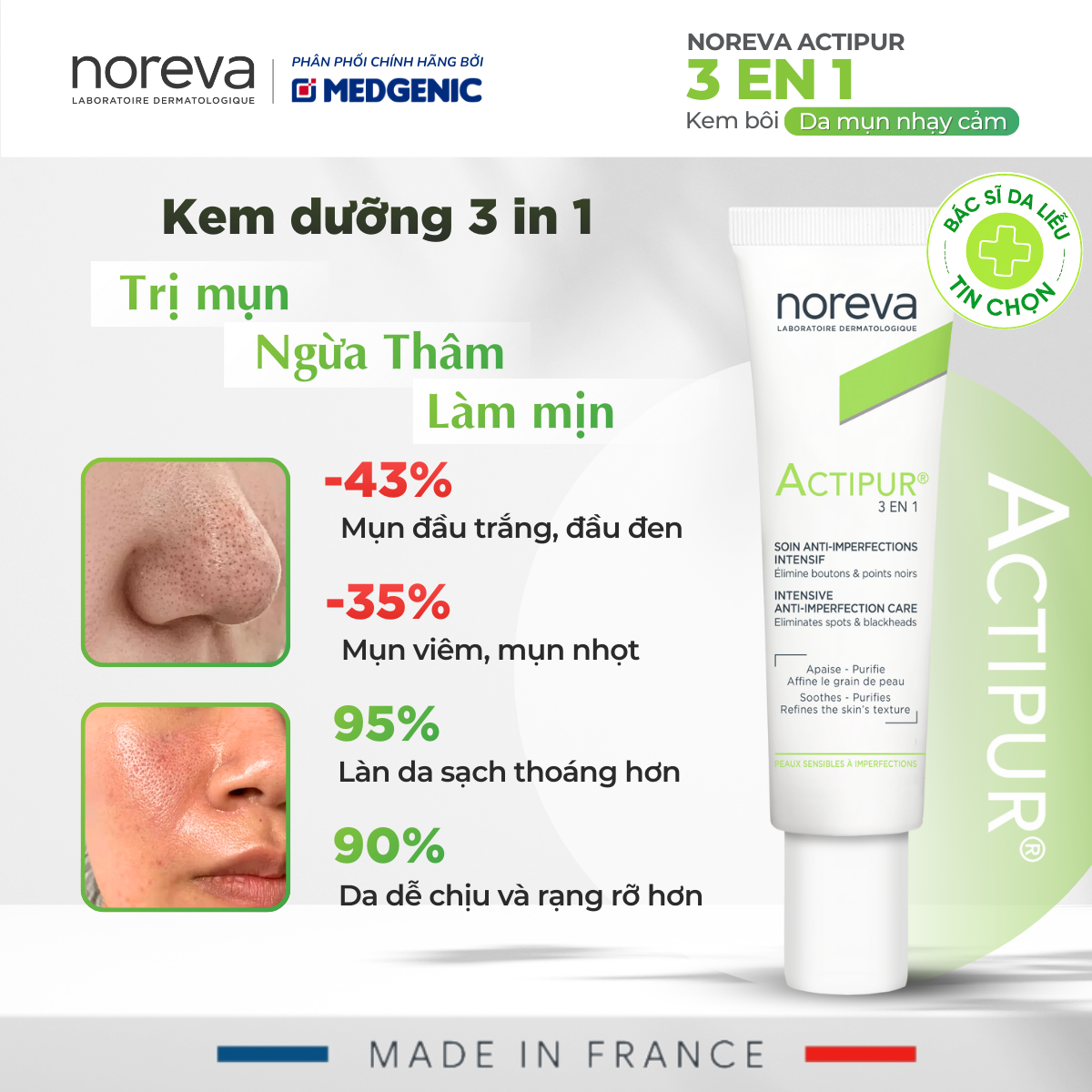 Kem Dưỡng Giảm Mụn & Kiểm Soát Dầu - Noreva Actipur 3 En 1 30ml