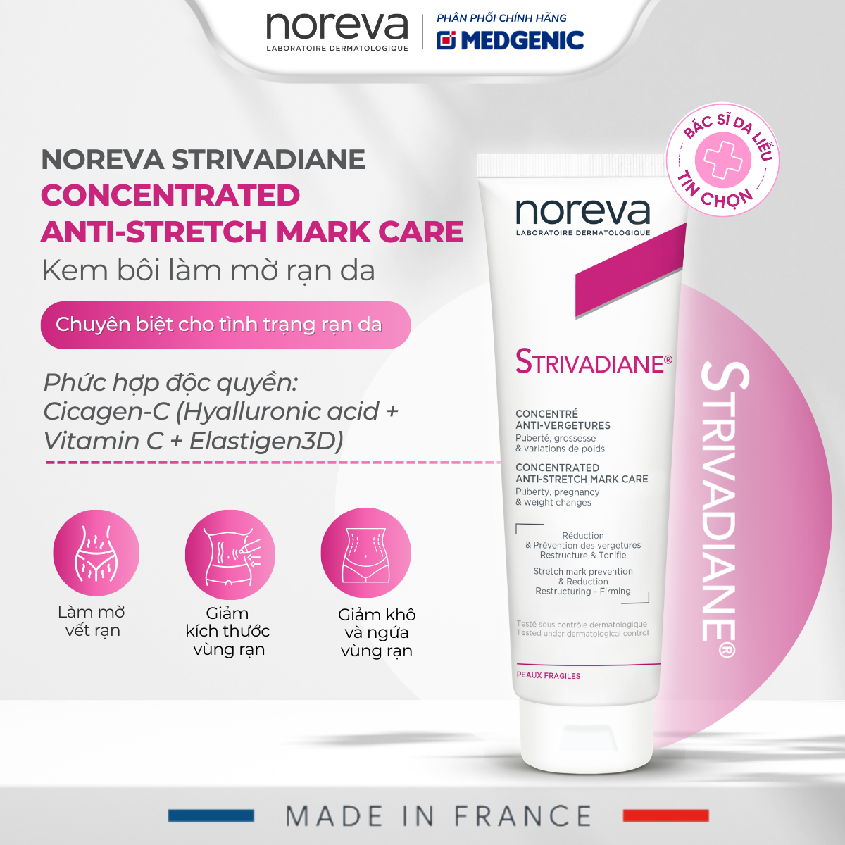 Kem Bôi Rạn Da An Toàn Cho Mẹ Bầu, Sau Sinh Và Tuổi Dậy Thì Noreva Strivadiane Concentrated Anti-Stretch Mark Care 125ml