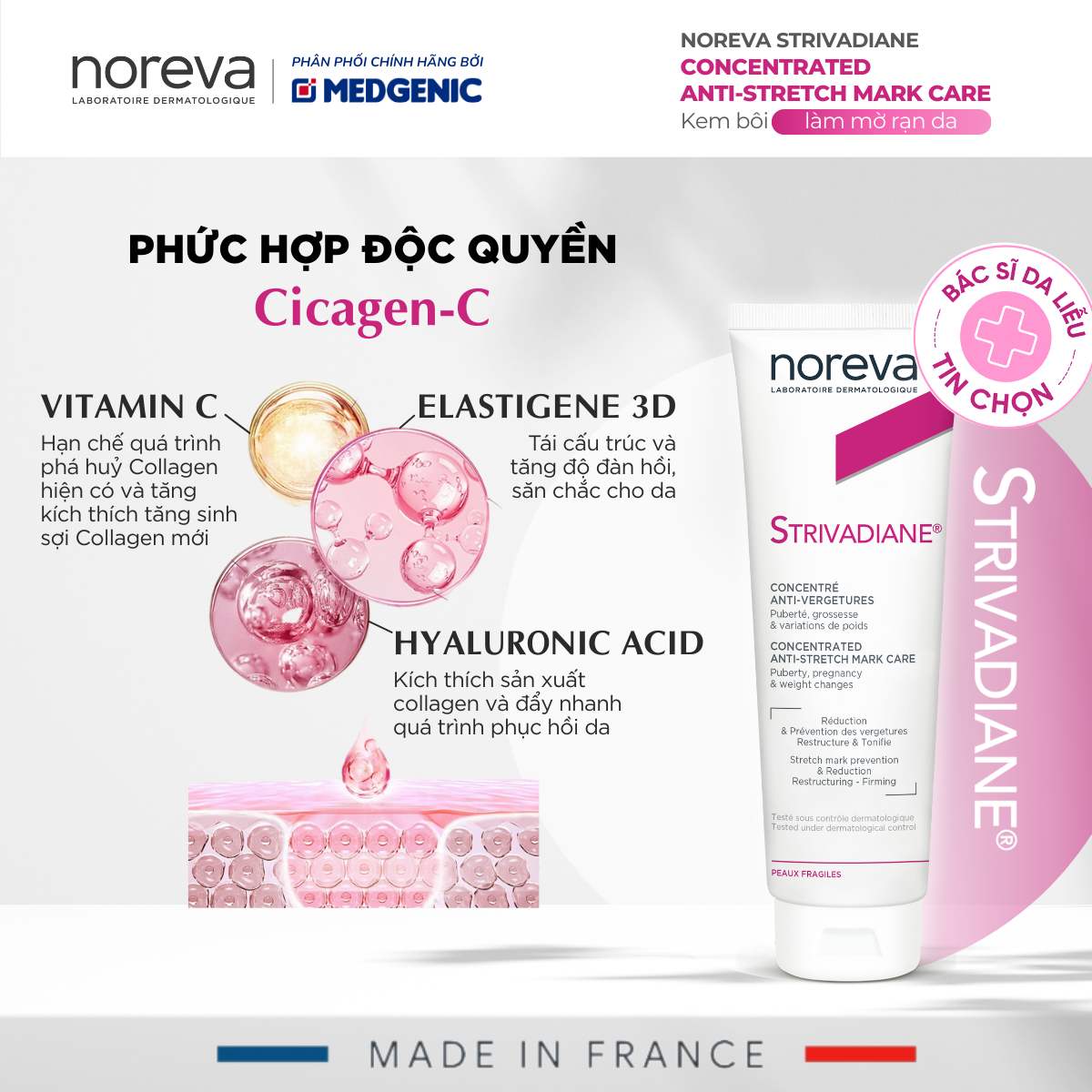 Kem Bôi Rạn Da An Toàn Cho Mẹ Bầu, Sau Sinh Và Tuổi Dậy Thì Noreva Strivadiane Concentrated Anti-Stretch Mark Care 125ml