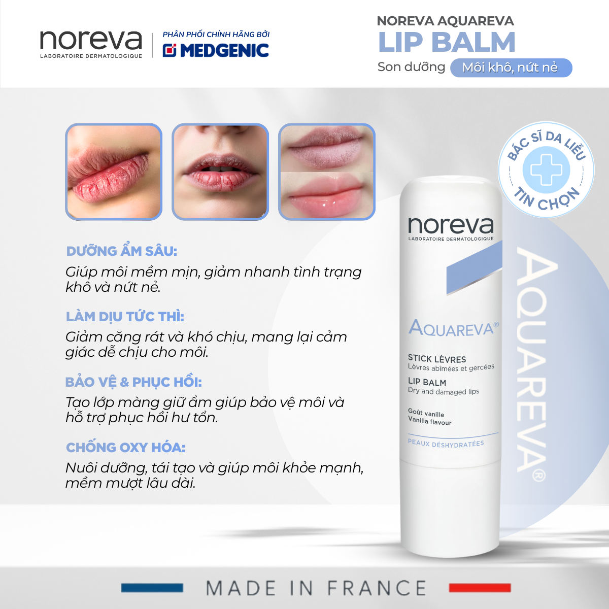 Son Dưỡng Môi Noreva Aquareva Lip Balm 4g – Hỗ Trợ Dưỡng Ẩm & Bảo Vệ Môi