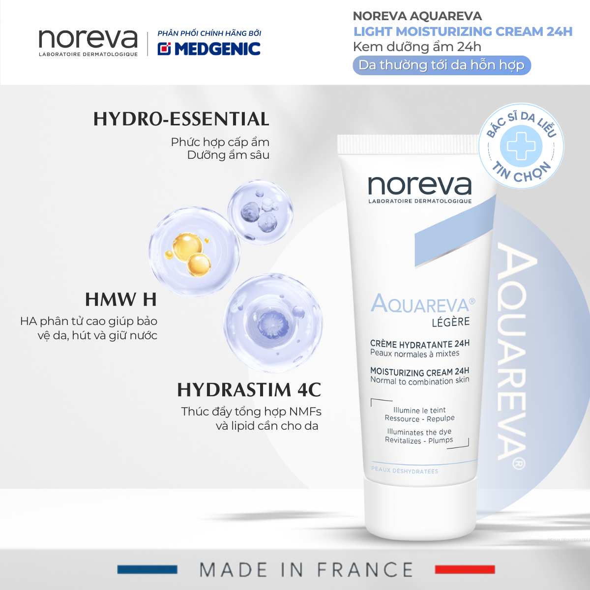 Kem Dưỡng Ẩm Noreva Aquareva Moisturizing Serum 24h (40ml) – Cấp Nước, Khóa Ẩm, Da Mềm Mịn